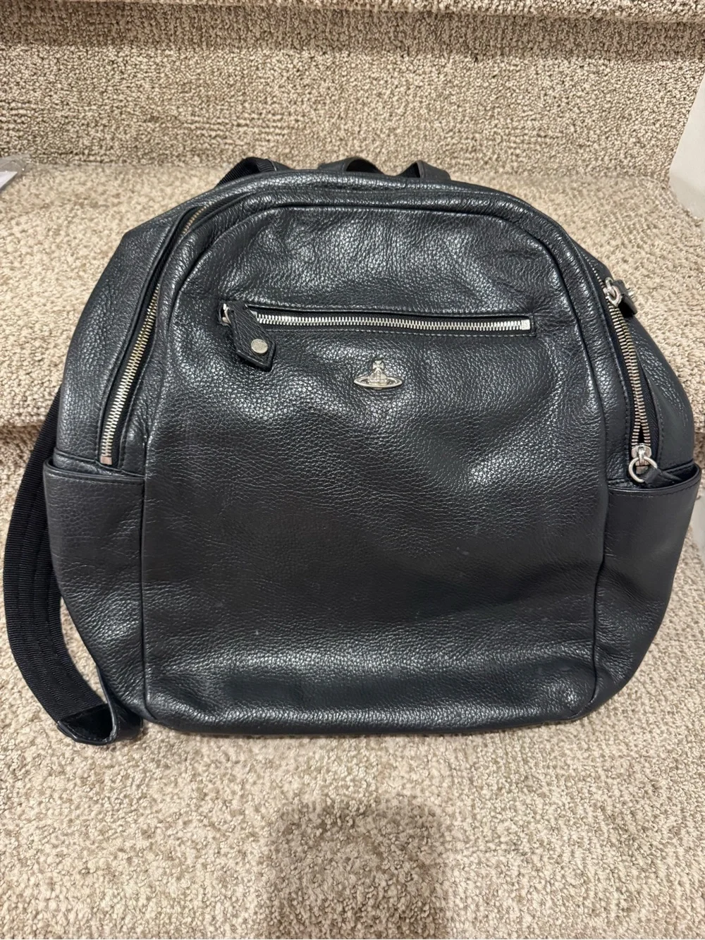Vivienne Westwood Black Pebbled Leather Backpack with Silver Hardware